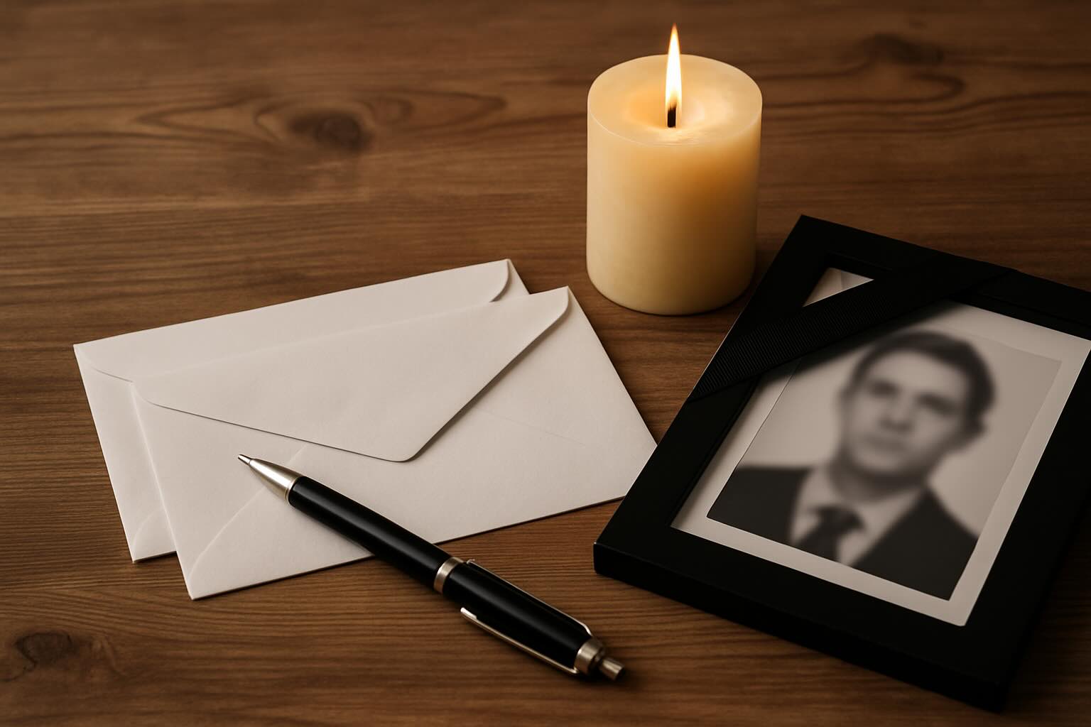 Symbolbild Nachsendeauftrag im Todesfall – Briefumschläge, Stift und brennende Kerze auf Holztisch