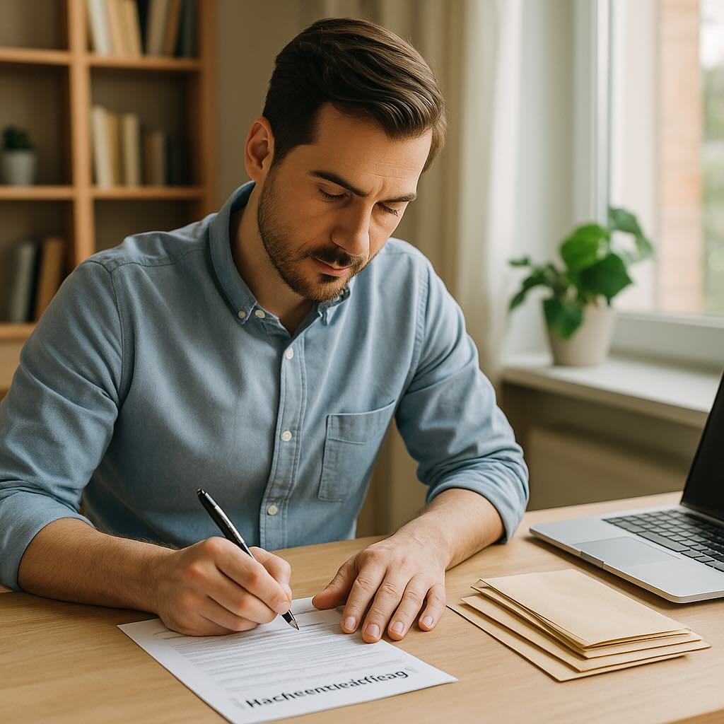 Mann sitzt am Schreibtisch und füllt Unterlagen für einen Nachsendeauftrag aus